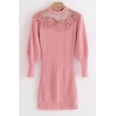 Elegant Lace Gauze Patchwork Bodycon Mini Plain Sweater Dress