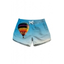 Hot Air Balloon Sky Printed Drawstring Waist Shorts with Pockets