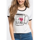 New Arrival Cup Letter Print Round Neck Short Sleeves Casual Cropped Tee