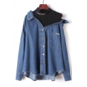 Fake Two Pieces Letter Printed Round Neck Hollow Out Shoulder Long Sleeve Buttons Down Denim Shirt