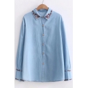Floral Embroidered Button Front Long Sleeve Simple Lapel Denim Shirt