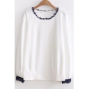 Simple Lace Panel Round Neck Long Sleeve Loose Blouse