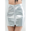 Hot Popular PU Zipper Fly Plain Mini A-Line Skirt