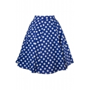 Retro Elegant Flare Polka Dot Printed Zipper Fly Mid A-Line Skirt