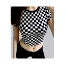 Monochrome Printed Round Neck Short Sleeve Cropped Tee