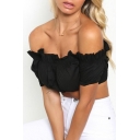 Women's Style Plain Ruffle Detail Off the Shoulder Slim Cropped Tee Top