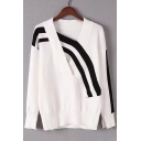 Chic Contrast Striped V Neck Long Sleeve Ribbed Trim Pullover Sweater