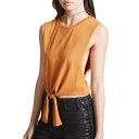 Leisure Round Neck Sleeveless Bow Tie Front Cropped Summer Tank Top