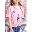 Cute Printed Round Neck Short Sleeve Cropped Tee