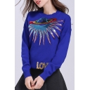 Airship Letter Printed Sequined Embellished Round Neck Long Sleeve Pullover Sweater