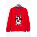 Popular Dog Cartoon Embroidery Beaded Bow Detail Round Neck Pullover Sweater