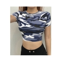 Chic Camouflage Printed Round Neck Short Sleeve Slim Cropped Tee