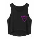 Leisure Letter Heart Printed Graphic Round Neck Sleeveless Dip Hem Cropped Tank