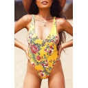 Sexy Fancy Floral Print V-Back Plunge Neck Women's One Piece Swimwear