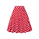 Retro Polka Dot Printed High Waist Zipper Fly Midi A-Line Skirt