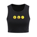 Popular Lovely Emoji Printed Round Neck Sleeveless Cropped Tank