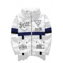 Color Block Letter Printed Zip Up Long Sleeve Hooded Dust Coat for Couple