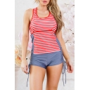 Color Block Striped Printed Round Neck Sleeveless Hollow Out Back Tank Two Pieces Swimwear