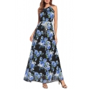 Elegant Ladylike Floral Pattern Bow Belted Sleeveless Maxi A-line Dress