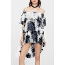 Chic Off the Shoulder Plant Leaf Tropical Print Ruffle Detail Dipped Hem Layered Dress