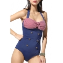 Retro Color Block Striped Halter Sleeveless Buttons Embellished One Piece Swimwear