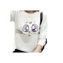Lovely Cat Cartoon Face Print Round Neck Long Sleeves Pullover Sweatshirt