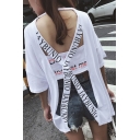 Chic Letter Printed Crisscross Hollow Out Back Round Neck Short Sleeve Tunic Tee