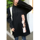 Spring New Collection Cats Letter Printed Long Sleeve Midi Hoodie Dress