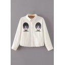 Chic Cartoon Print Point Collar Long Sleeves Button Front Cropped Shirt
