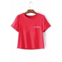 Fancy Letter Embroidery Round Neck Short Sleeves Summer Cropped T-shirt