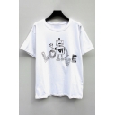 Adorable Robot Letter Print Round Neck Short Sleeves Casual Tee
