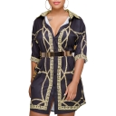 Fashion Printed Contrast Lapel Collar Half Sleeve Single Breasted Midi Shirt Dress
