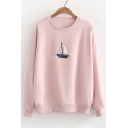 Fashion Boat Letter Printed Round Neck Long Sleeve Pullover Sweatshirt