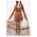 Two Pieces Sheer Mesh Patchwork Round Neck Long Sleeve Maxi T-Shirt Dress