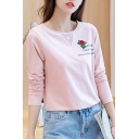 Letter Printed Floral Embroidered Sheer Mesh Insert Round Neck Long Sleeve Tee