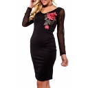 Sheer Mesh Long Sleeve Floral Embroidered V Neck Midi Bodycon Dress