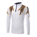 Stylish Wings Feather Print Zipper Detail High Neck Slim Fit Men's Tee