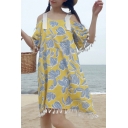 Elegant Cold Shoulder Floral Print Half Sleeve Tassel Detail Mini Swing Dress