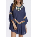 Ethnic Style Tribal Embroidered Wide Sleeve Boat Neck Swing Mini Dress