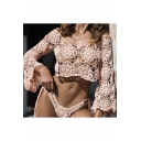 Sexy Beach Round Neck Long Sleeve Crochet Cropped Cover Up