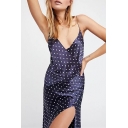 Summer Fashion Polka Dot Printed Spaghetti Straps Split Front Maxi Wrap Cami Dress