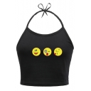 Summer's New Arrival Cute Emoji Printed Halter Sleeveless Cropped Cami