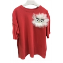 Loose Leisure Owl Eyes Feather Embellished Round Neck Short Sleeve Tee