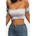 Sexy Off The Shoulder Plain Short Sleeve Cropped Tee