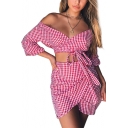 Beach Fashion Plaids Pattern Bow Tie Waist Off the Shoulder Top with Mini Wrap Skirt
