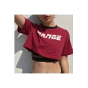 Contrast Striped Round Neck Letter Printed Short Sleeve Sports Cropped Tee