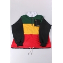 Chic Color Block Zipper Detail Drawstring Waist Letter Pattern Pullover Sweatshirt
