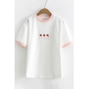 Japanese Strawberry Embroidered Contrast Trim Round Neck Short Sleeve Tee