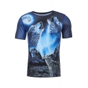 Cool Night Moon Wolf Print Round Neck Short Sleeves Casual Tee