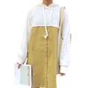 Color Block Patchwork Hooded Long Sleeve Buttons Down Midi Dress